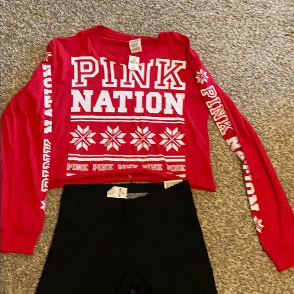 Pink nation shirt and leggings.